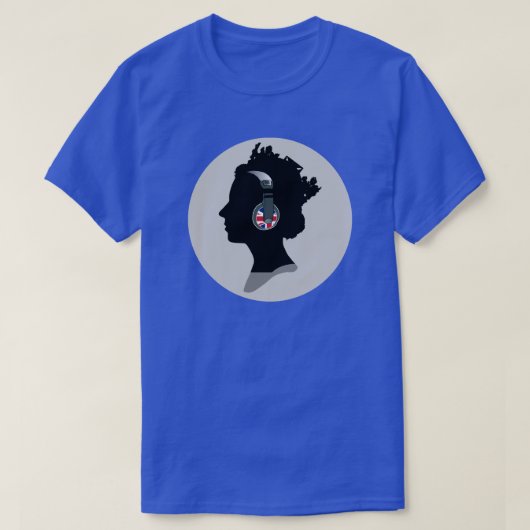 BRITISH QUEEN MET HOOFDTELEFOONS ONTWERP T-SHIRT (Design voorkant)