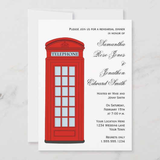 British Red Telephone Box Wedding Rehearsal Dinner Kaart (Voorkant)