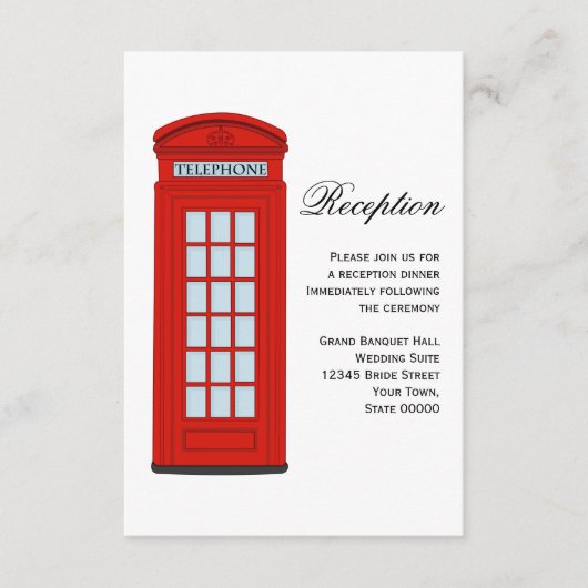 British Red Telephone Box Weduwen Reception Card Informatiekaartje (Voorkant)