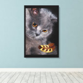 British Short-Hair Cat met Veer Canvas Afdruk (Insitu (Houten vloer))