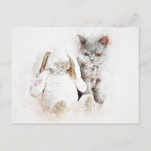 British Shorthair & Bunny | ABSTRACT | WATERVERF Briefkaart (Voorkant)