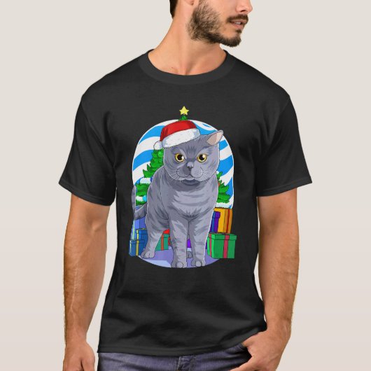 British Shorthair Cat Cute Santa Christmas Tree De T-shirt (Voorkant)