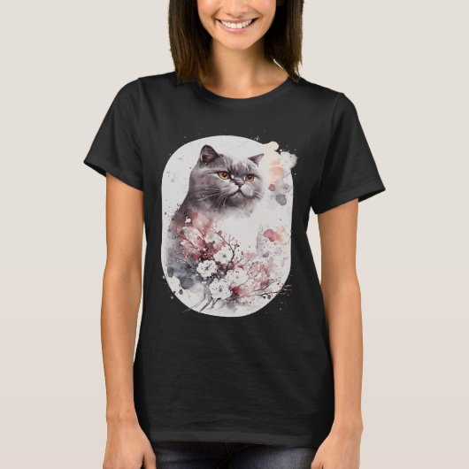 British Shorthair Cat Japanese Cherry Blossom Saku T-shirt (Voorkant)