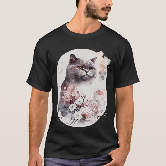 British Shorthair Cat Japanese Cherry Blossom Saku T-shirt (Voorkant)