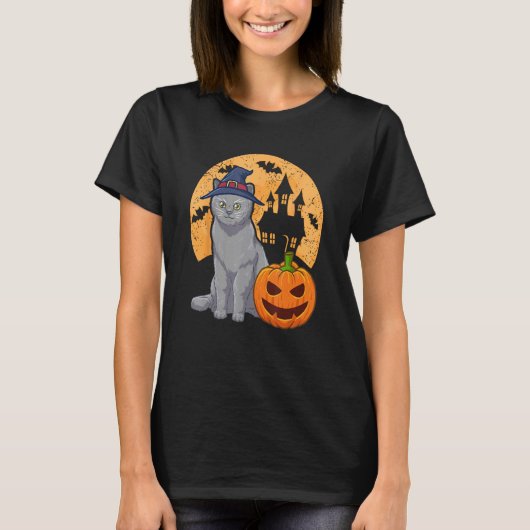 British Shorthair Cat With Witch Hat And Pumpkin H T-shirt (Voorkant)
