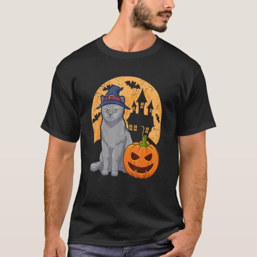 British Shorthair Cat With Witch Hat And Pumpkin H T-shirt (Voorkant)