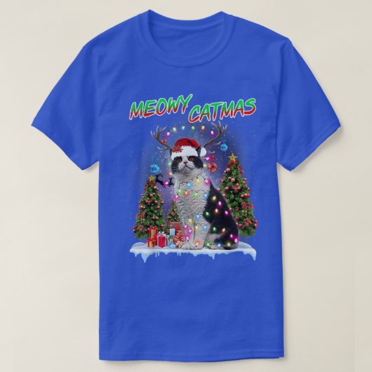 British Shorthair Cat Xmas Tree Lights Santa Hat R T-shirt (Design voorkant)