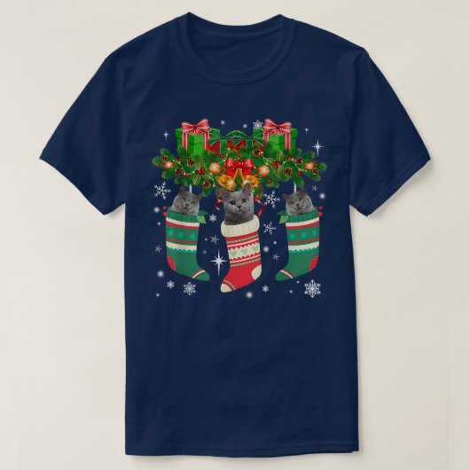 British Shorthair Cats in de kerstsokkever T-shirt (Design voorkant)