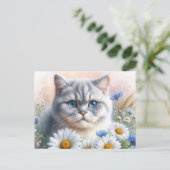 British Shorthair Floral Cat Portrait Briefkaart (Staand voorkant)