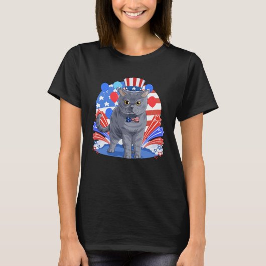British Shorthair Merica 4th of July American Flag T-shirt (Voorkant)