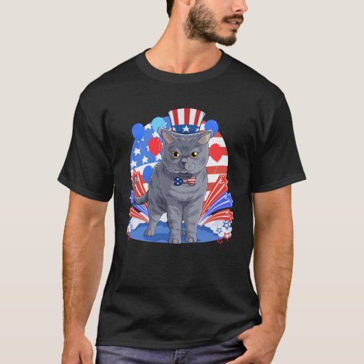 British Shorthair Merica 4th of July American Flag T-shirt (Voorkant)
