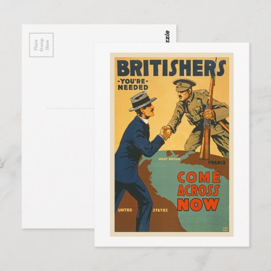 Britishers komen nu over op WWI British Propaganda Briefkaart (Voorkant / Achterkant)