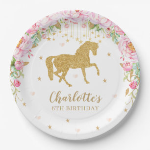 Brits Baby shower met roze Floral Gold Horse Birth Papieren Bordje