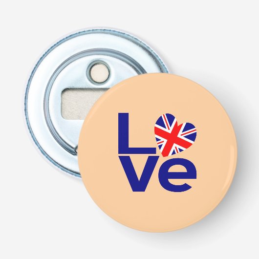 Brits Blauw LIEFDE UK Vlag Hart Button Flesopener (Voorkant)