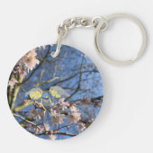 Brits blauw vogelgezin tegen roze bloesem sleutelhanger (Achterkant)