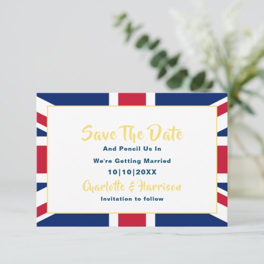 Brits EU Jack Flag Destination Wedding Save The Date (Staand voorkant)