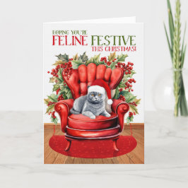 Brits Grijs Kerstmis Kat FELINE Feestelijk Feestdagen Kaart