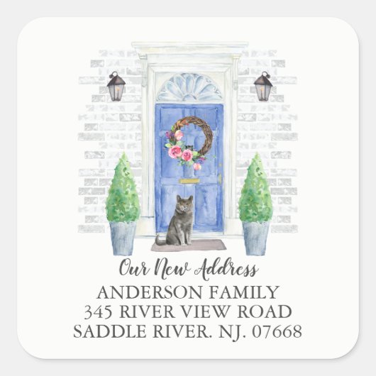 Brits Korthaar Cat Blue Door Nieuw Adres Label (Voorkant)