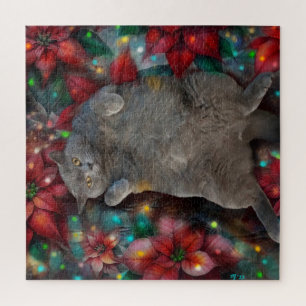 Brits Korthaar Cat Kat in Poinsettias Lights Legpuzzel