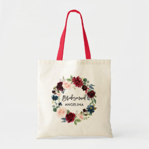 Brits Manuscript Burgundy Blue Floral Bridesmaid Tote Bag
