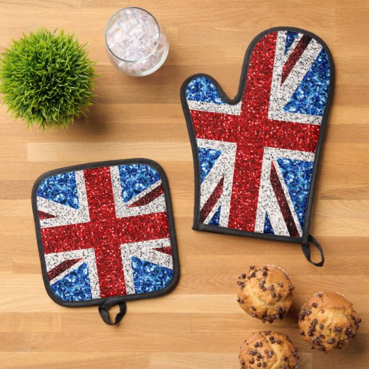 Brits vlaggen rode blauwe witte muggen ovenwant & pannenlap set (Top down)