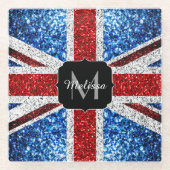 Brits vlaggen rode blauwe witte sparken gliters Mo Glazen Onderzetter (Voorkant)