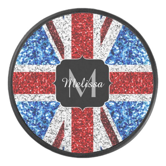 Brits vlaggen rode blauwe witte sparken gliters Mo Hockey Puck (Voorkant)
