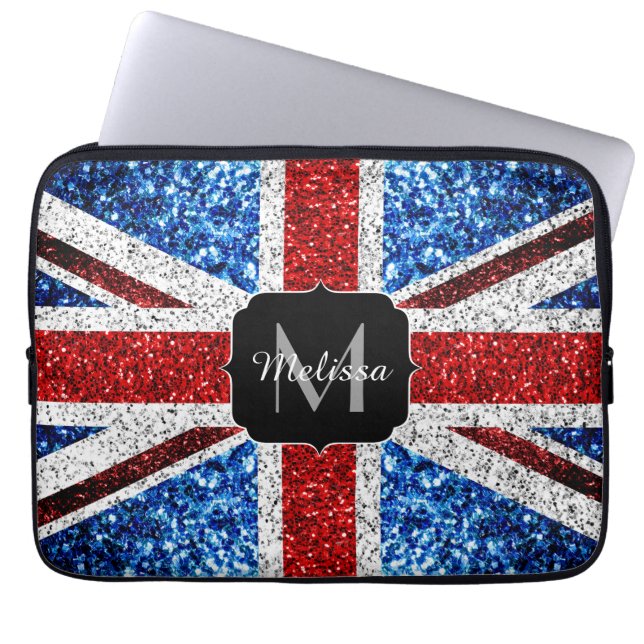 Brits vlaggen rode blauwe witte sparken gliters Mo Laptop Sleeve (Voorkant)