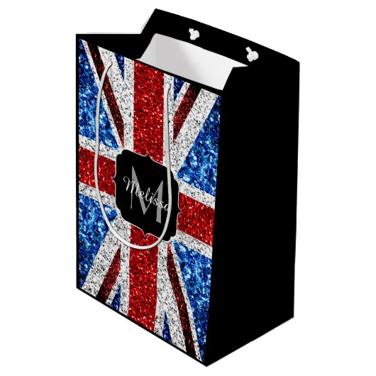 Brits vlaggen rode blauwe witte sparken gliters Mo Medium Cadeauzakje (Achterkant Gekanteld)