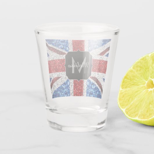 Brits vlaggen rode blauwe witte sparken gliters Mo Shot Glas (Achterkant)