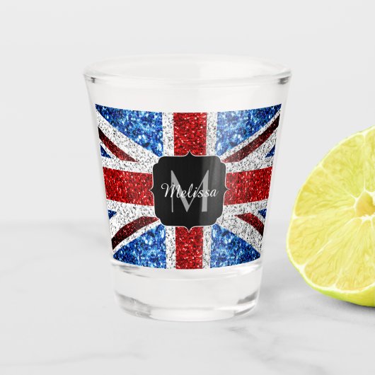 Brits vlaggen rode blauwe witte sparken gliters Mo Shot Glas (Voorkant)