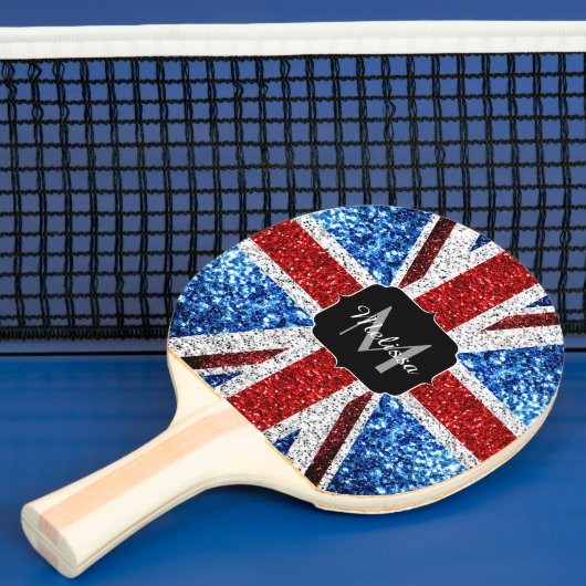 Brits vlaggen rode blauwe witte sparken gliters Mo Tafeltennisbatje (Insitu)