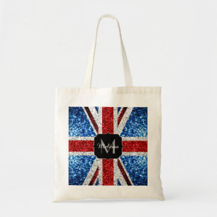 Brits vlaggen rode blauwe witte sparken gliters Mo Tote Bag