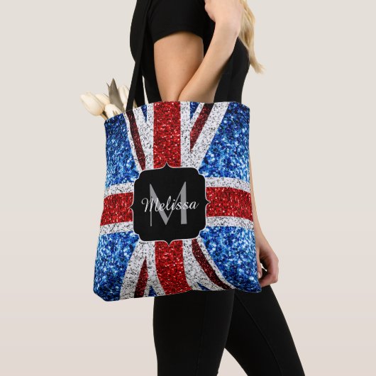 Brits vlaggen rode blauwe witte sparken gliters Mo Tote Bag (Dichtbij)