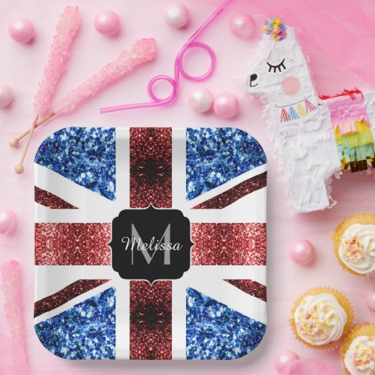 Brits vlaggen rode en blauwe sparkles glitters papieren bordje (Feest)