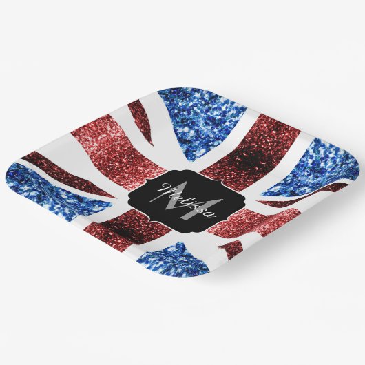 Brits vlaggen rode en blauwe sparkles glitters papieren bordje (Gebogen)