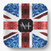 Brits vlaggen rode en blauwe sparkles glitters papieren bordje (Voorkant)