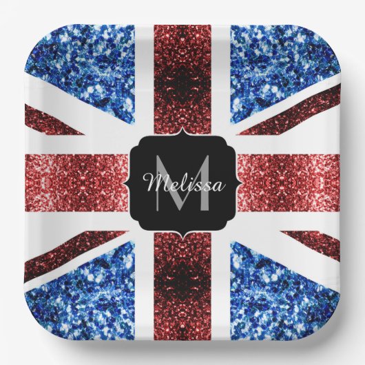 Brits vlaggen rode en blauwe sparkles glitters papieren bordje (Voorkant)