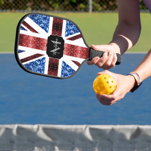 Brits vlaggen rode en blauwe sparkles glitters pickleball paddle (Insitu)
