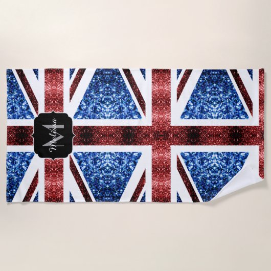 Brits vlaggen rode en blauwe sparkles glitters strandlaken (Voorkant)