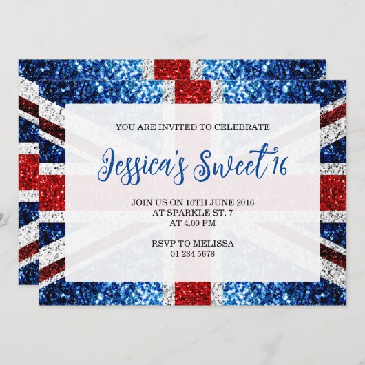 Brits vlaggen rode witte sparkles Sweet 16 Kaart (Voorkant / Achterkant)