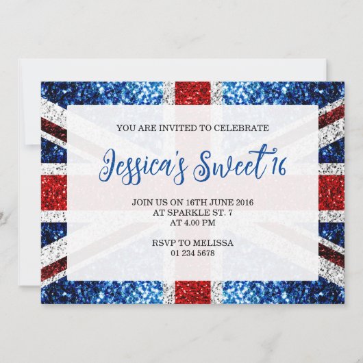 Brits vlaggen rode witte sparkles Sweet 16 Kaart (Voorkant)