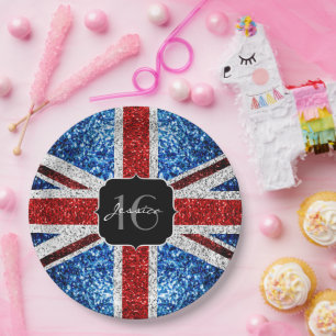 Brits vlaggen rode witte sparkles Sweet 16 Papieren Bordje