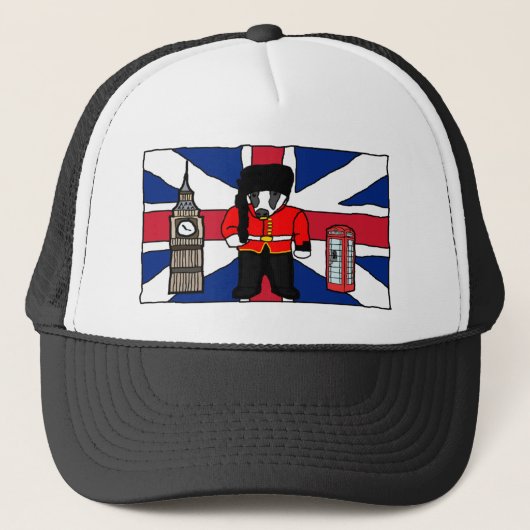 Britse Badger Cartoon met Big Ben en Flag Trucker Pet (Voorkant)