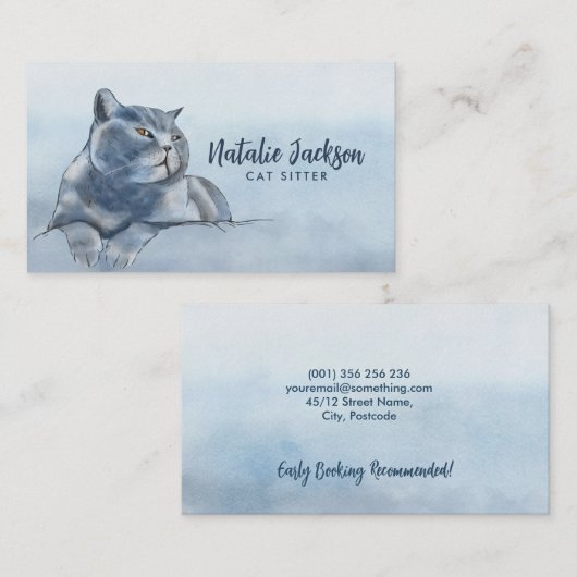 Britse Blue Cat Waterverf Visitekaartje (Voorkant / Achterkant)