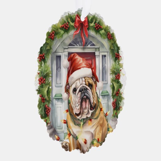 Britse Bulldog in Santa Hat Voordeur Kerstmis Ornament Kaart (Rechts)