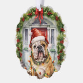 Britse Bulldog in Santa Hat Voordeur Kerstmis Ornament Kaart (Links)