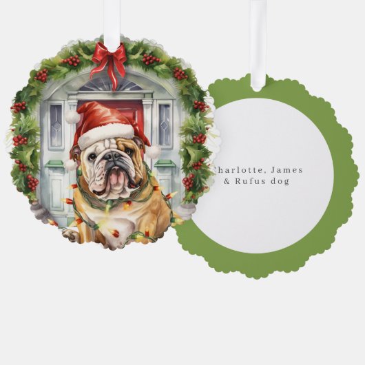 Britse Bulldog in Santa Hat Voordeur Kerstmis Ornament Kaart (Voorkant / Achterkant)