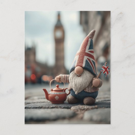 Britse gnoom met Union Jack Pet en theepot Briefkaart (Voorkant)