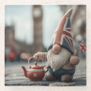 Britse gnoom met Union Jack Pet en theepot Glazen Onderzetter